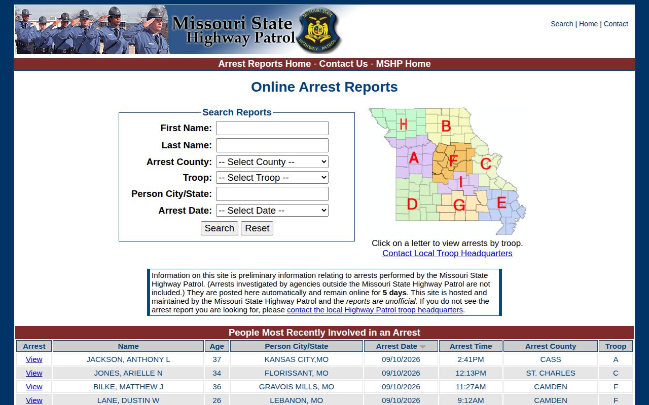 MSHP Wayne County recent arrest search