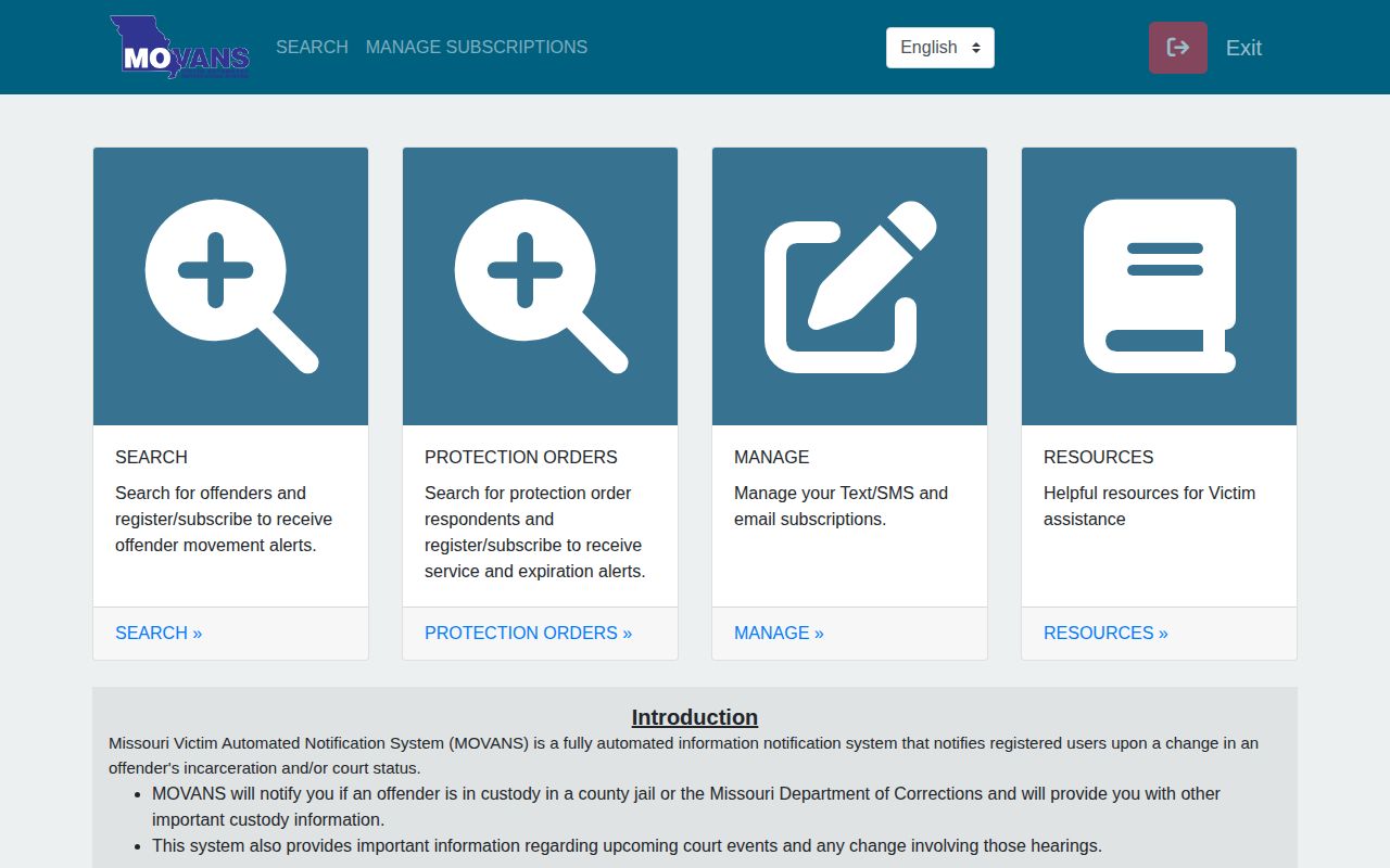 Missouri MOVANS local-jail alert registration interface with SMS and email options