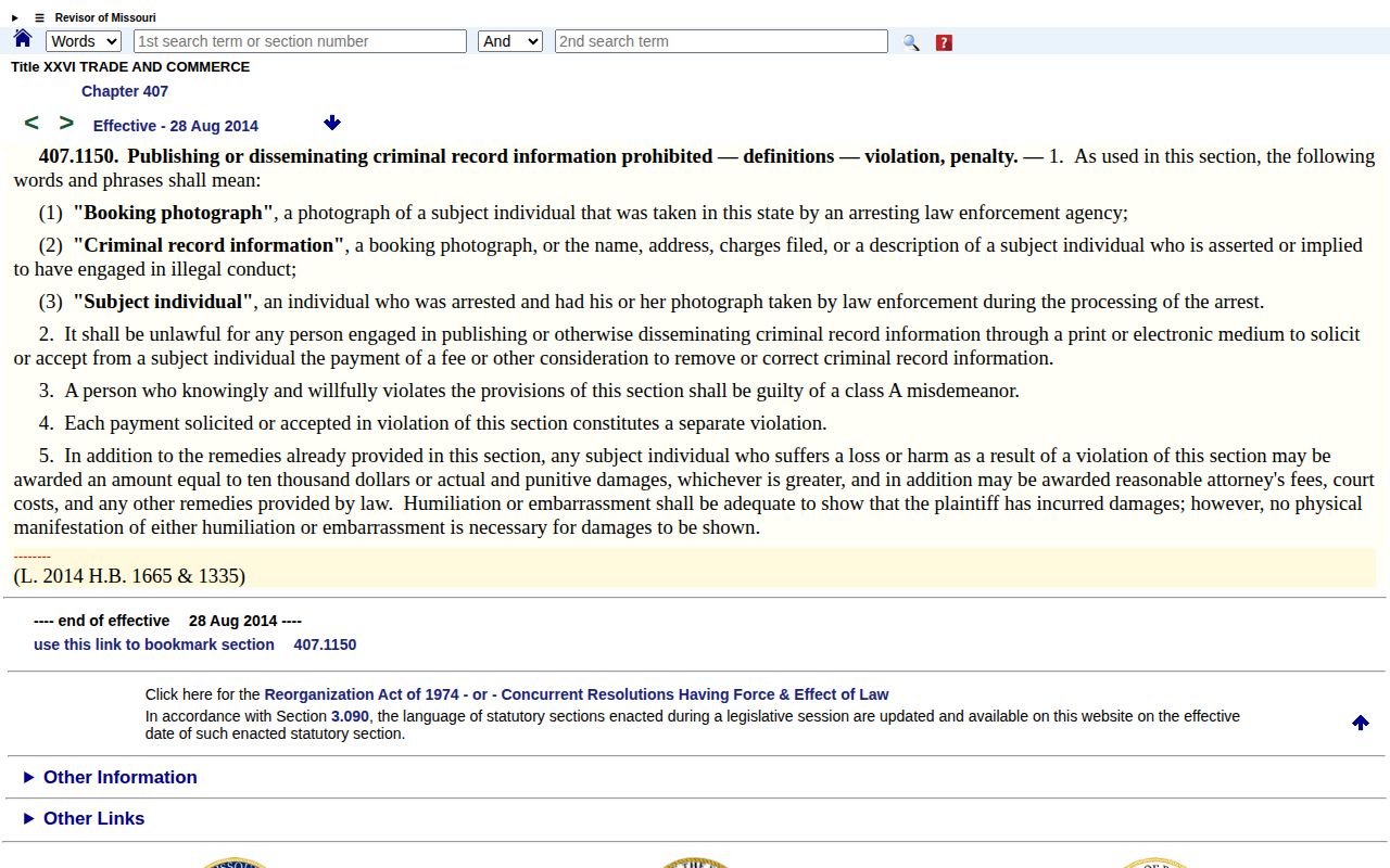 Missouri Wayne County booking photo removal law